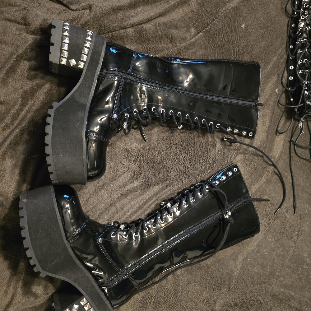 Demonia Black Patent Ranger Knee High Lace-Up Platform Boots